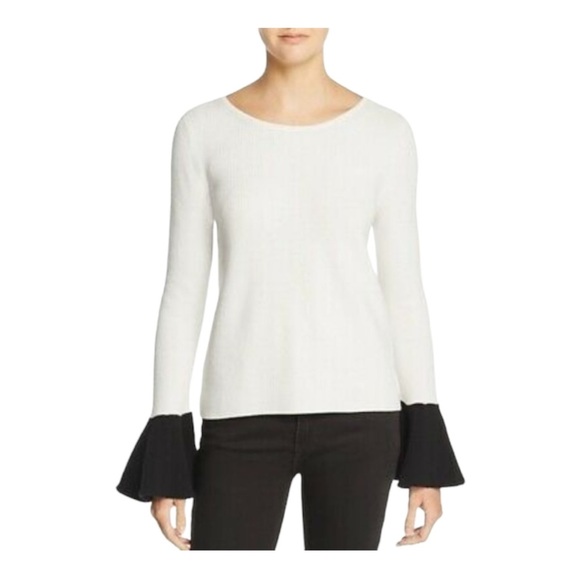 Ramy Brook womens  francette ribbed bell sleeves sweater. White black. Large - Picture 1 of 12